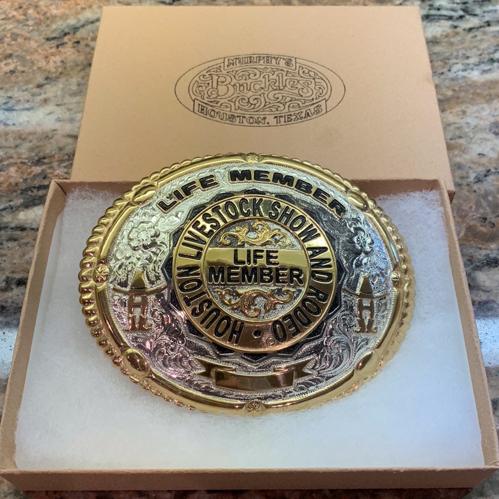Belt buckle, Houston Livestock Show and Rodeo. New, in original box
